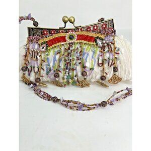 MARY FRANCES Floral Fringe Beaded Fabric Clutch Bag With Beaded Long Strap RARE